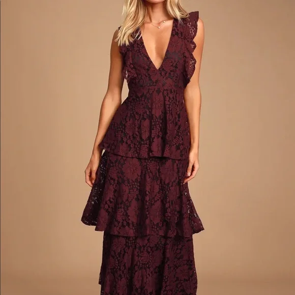 molinetto burgundy lace ruffled tiered sleeveless maxi dress Destiny Lace Maxi Dress Burgundy